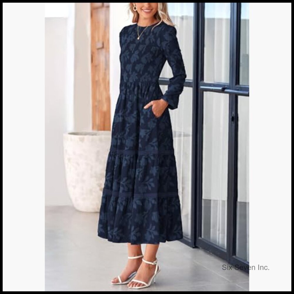 Long Sleeve Smocked Midi Dress Floral Boho Flowy Wedding Guest - Picture 4 of 7